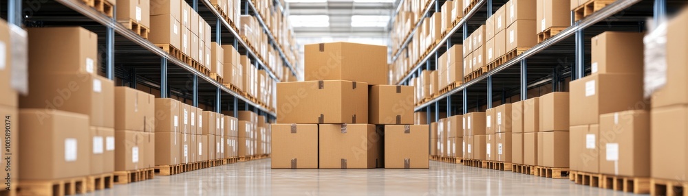 Organized storage space filled with cardboard boxes. Organized storage space filled with cardboard boxes.