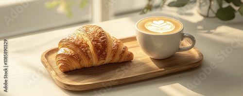 Coffee and bakery concept. Delicious roast croissant with coffee on a wooden tray. photo