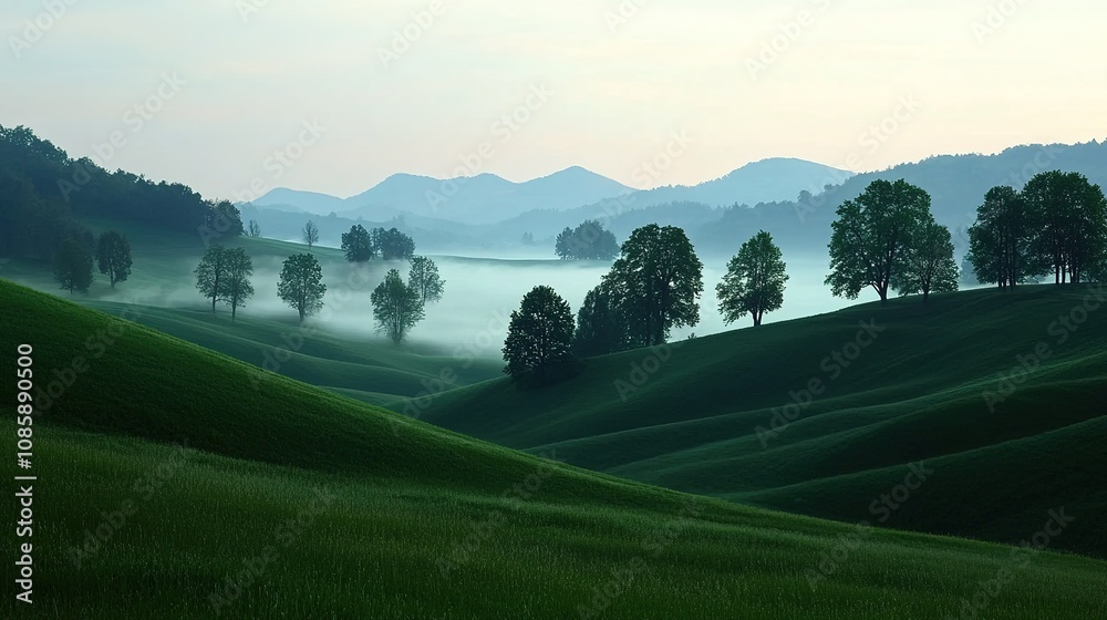 Fototapeta premium Dense mist envelopes green valley at dawn nature landscape photography serene environment peaceful viewpoint