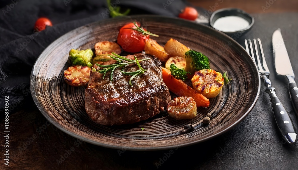A perfectly cooked steak on a dark ceramic plate, served with roasted vegetables A perfectly cooked steak on a dark ceramic plate, served with roasted vegetables