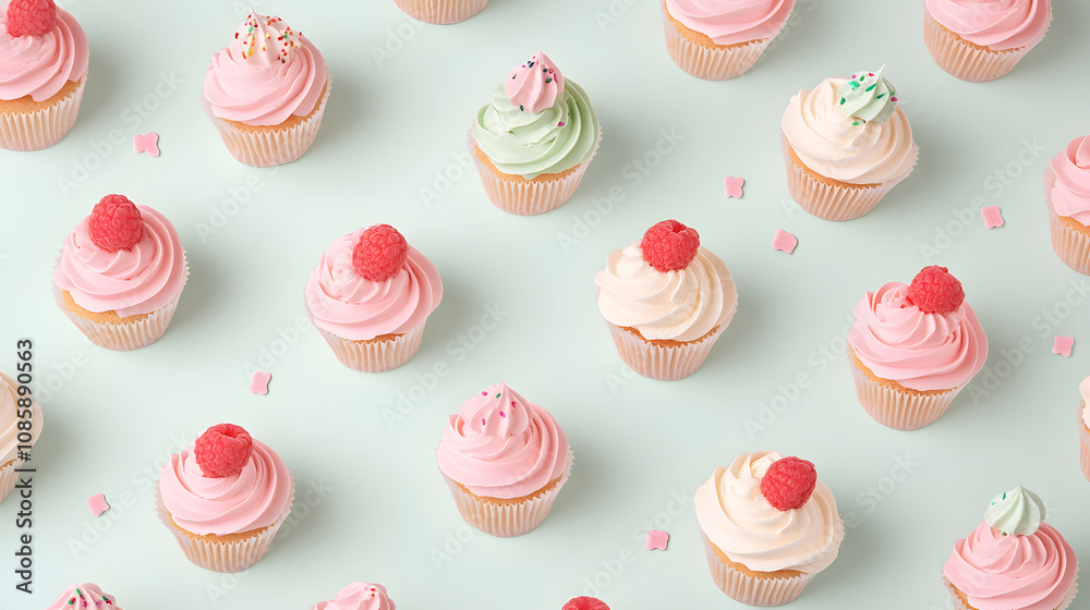 Delightful cupcakes with colorful frosting and toppings on pastel background