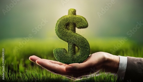 Hand holding a dollar symbol made entirely of green grass. Sustainability and eco-finance concept, green loan and green mortgage concept. photo