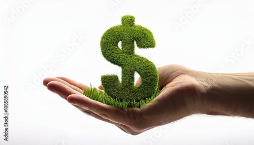 Hand holding a dollar symbol made entirely of green grass. Sustainability and eco-finance concept, green loan and green mortgage concept. photo