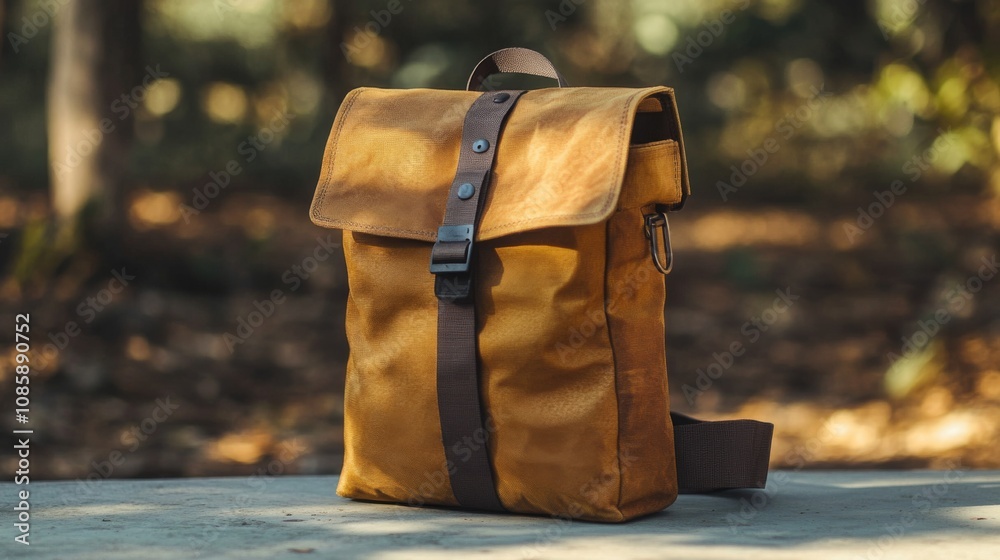 A tan leather messenger bag with a brown strap and a metal buckle. A tan leather messenger bag with a brown strap and a metal buckle.