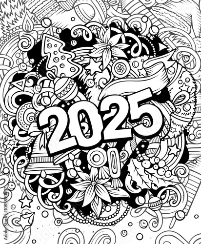 2025 doodles illustration. New Year objects and elements design. Line art cartoon holidays funny background