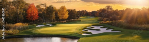 Scenic golf course at sunset with trees.