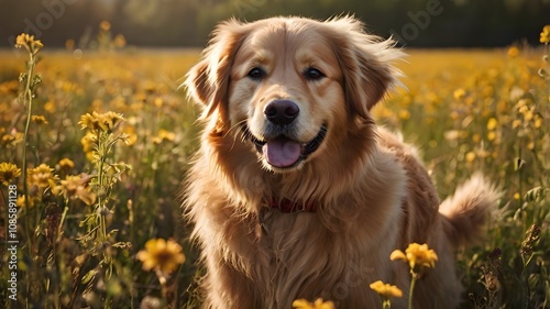 Golden retriever posing majestically on a grassy hill, backlit by the soft glow of the evening sun.