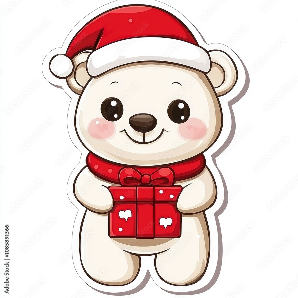 Adorable Polar Bear Cub in Santa Hat Holding Christmas Gift - Cute Cartoon Illustration Adorable Polar Bear Cub in Santa Hat Holding Christmas Gift - Cute Cartoon Illustration