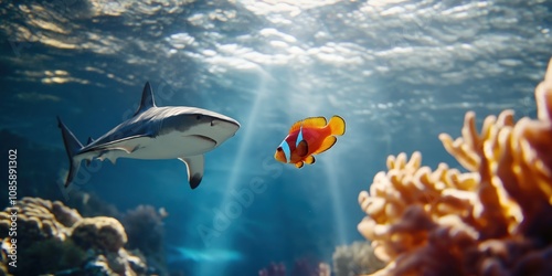 A great reef shark swimming alongside a single Moorish idol fish