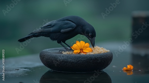 A crow eats rice offerings during the Pitru Paksha ritual, representing ancestral feeding. photo