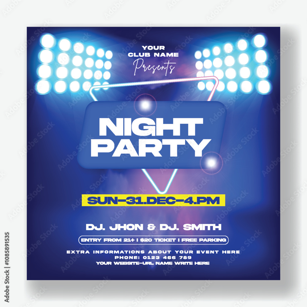Nightclub party editable Social media post, DJ party social media square flyer, holidays festivals and events invitation party web banner, concert, disco party flyer place for image Nightclub party editable Social media post, DJ party social media square flyer, holidays festivals and events invitation party web banner, concert, disco party flyer place for image