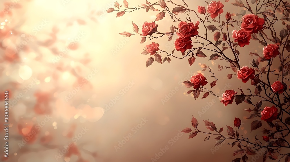 A vibrant display of red roses intertwined with delicate green leaves against a soft, dreamy background, creating a romantic and serene atmosphere. A vibrant display of red roses intertwined with delicate green leaves against a soft, dreamy background, creating a romantic and serene atmosphere.
