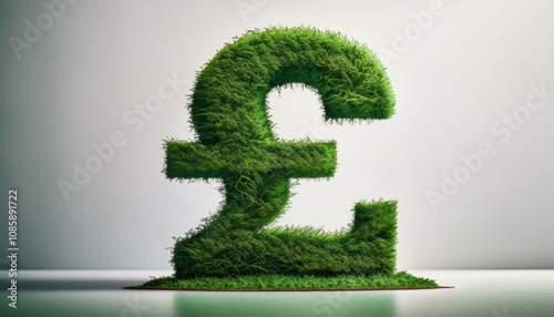 Green Pound symbol made entirely of green grass. Sustainability and eco-finance concept, green loan and green mortgage concept.