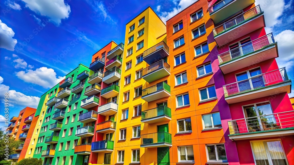 Fototapeta premium Colorful apartment building at a tilted angle with vibrant colors