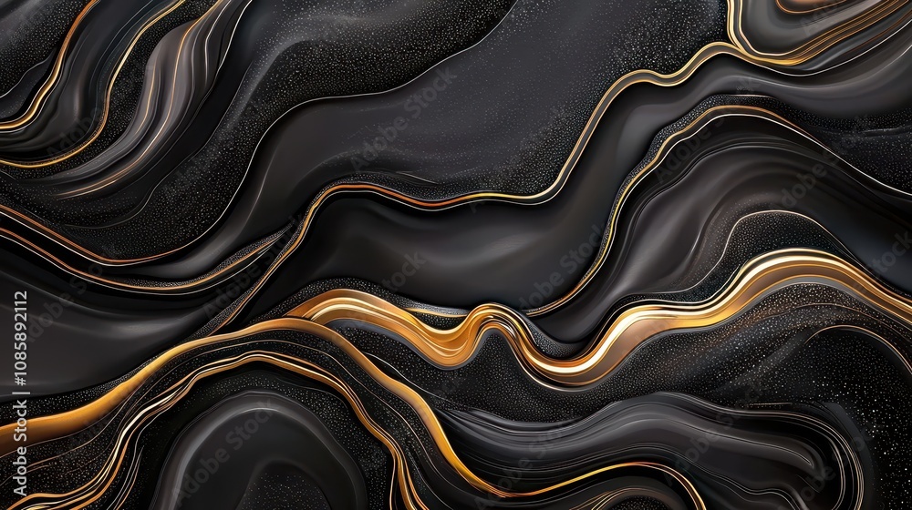 A mesmerizing abstract design featuring flowing black and gold patterns with a hint of sparkle, creating a luxurious and elegant visual appeal.