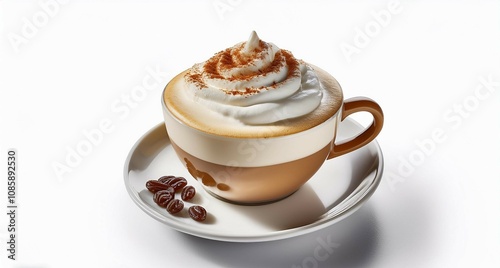  una taza de capuchino caliente con crema en un espacio aislado y limpio  photo