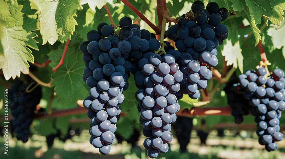 Close-up view of ripe, dark purple grapes hanging from vine, reflecting sunlight. Lush green leaves create vibrant backdrop, emphasizing the bountiful harvest & freshness of fruit in vineyard setting. Close-up view of ripe, dark purple grapes hanging from vine, reflecting sunlight. Lush green leaves create vibrant backdrop, emphasizing the bountiful harvest & freshness of fruit in vineyard setting.