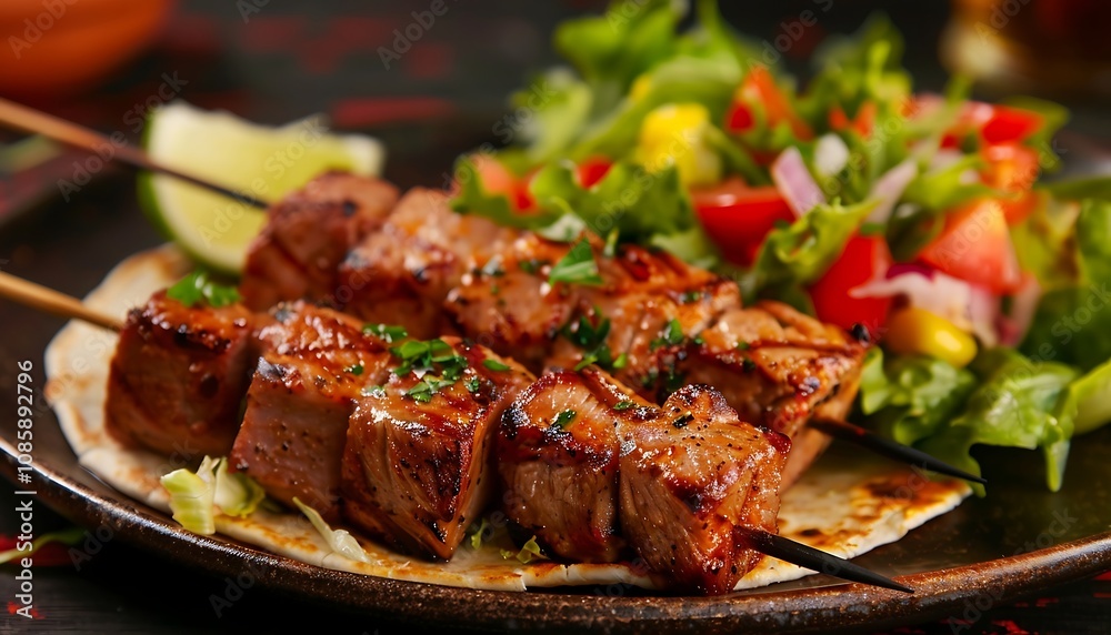 Grilled meat on skewers with salad on plate, closeup Grilled meat on skewers with salad on plate, closeup
