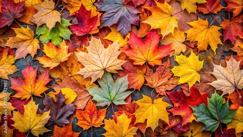 Colorful autumn foliage on the ground with maple leaves in the background