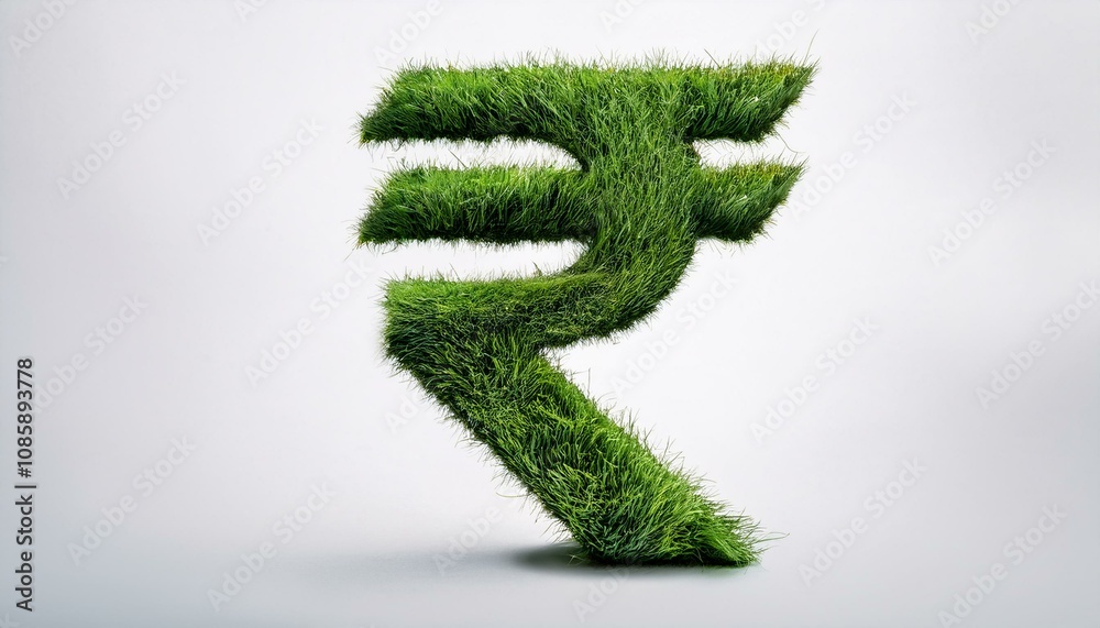 Green Rupee symbol made entirely of green grass. Sustainability and eco-finance concept, green loan and green mortgage concept, India rupee. Green Rupee symbol made entirely of green grass. Sustainability and eco-finance concept, green loan and green mortgage concept, India rupee.