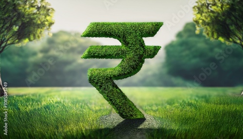 Green Rupee symbol made entirely of green grass. Sustainability and eco-finance concept, green loan and green mortgage concept, India rupee.