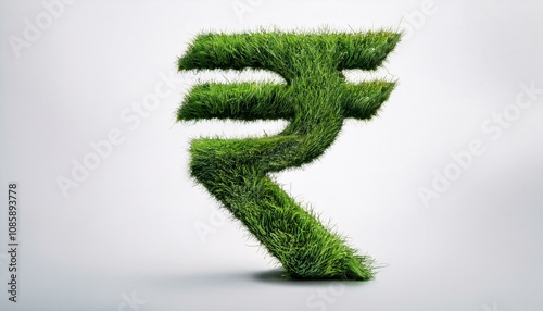 Green Rupee symbol made entirely of green grass. Sustainability and eco-finance concept, green loan and green mortgage concept, India rupee.