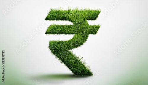 Green Rupee symbol made entirely of green grass. Sustainability and eco-finance concept, green loan and green mortgage concept, India rupee. photo