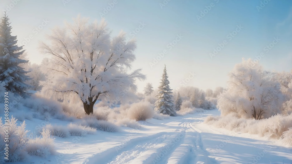 Snowy landscape featuring a road lined with snow-covered trees under a clear sky, creating a peaceful and serene winter atmosphere. Snowy landscape featuring a road lined with snow-covered trees under a clear sky, creating a peaceful and serene winter atmosphere.
