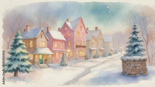 Watercolor illustration of a small winter town with colorful houses, a snow-covered well, and evergreen trees, creating a peaceful and serene atmosphere