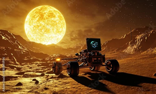 Robotic rover exploring an alien planet with a massive, fiery sun. photo