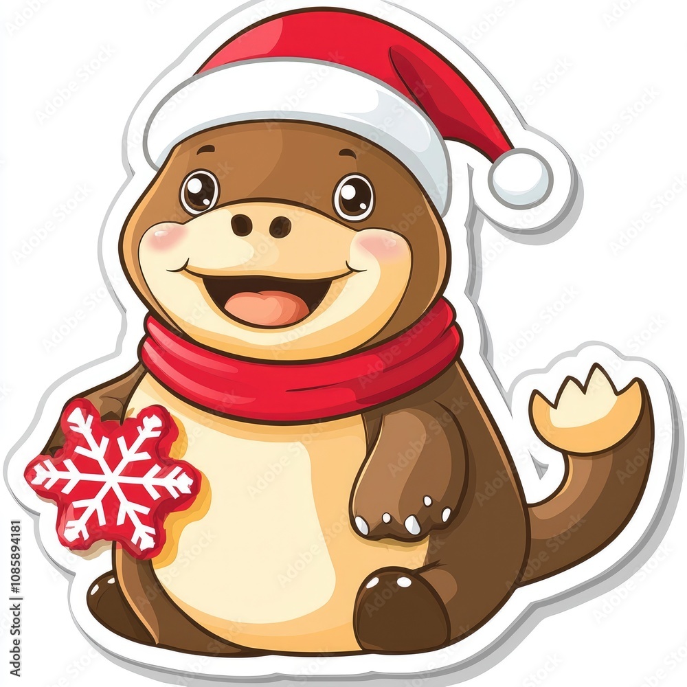 Adorable Platypus in Santa Hat Holding Snowflake Cookie - Christmas Cartoon Character Adorable Platypus in Santa Hat Holding Snowflake Cookie - Christmas Cartoon Character