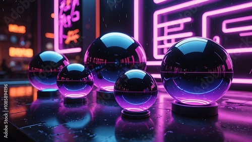 Futuristik abstract glass spheres with neon lights  photo