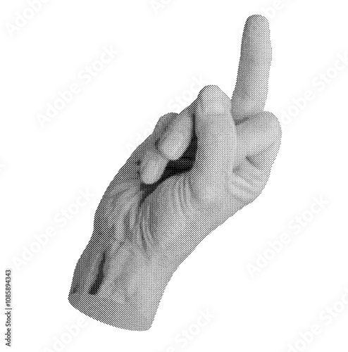 Hand making an offensive middle finger gesture, isolated in retro halftone dot style. Nostalgic 1990s inspired symbol of aggression or insult. Vintage grunge texture in monochrome