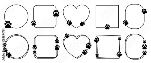 Pet footprint frame set, pets love symbol, shape frames with dog or cat paws cute steps