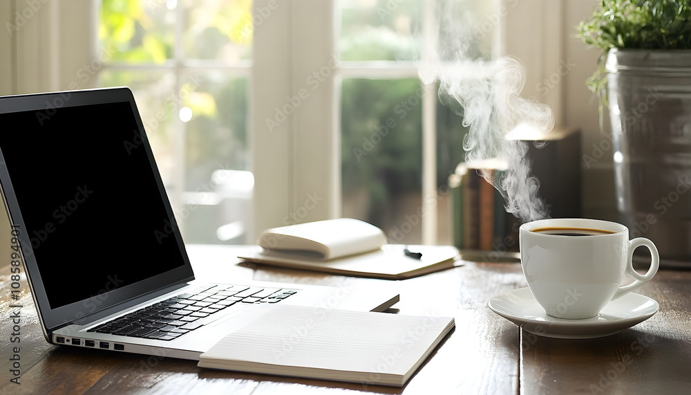Sunlit home office desk with a laptop, coffee, and minimalistic decor near large windows Sunlit home office desk with a laptop, coffee, and minimalistic decor near large windows