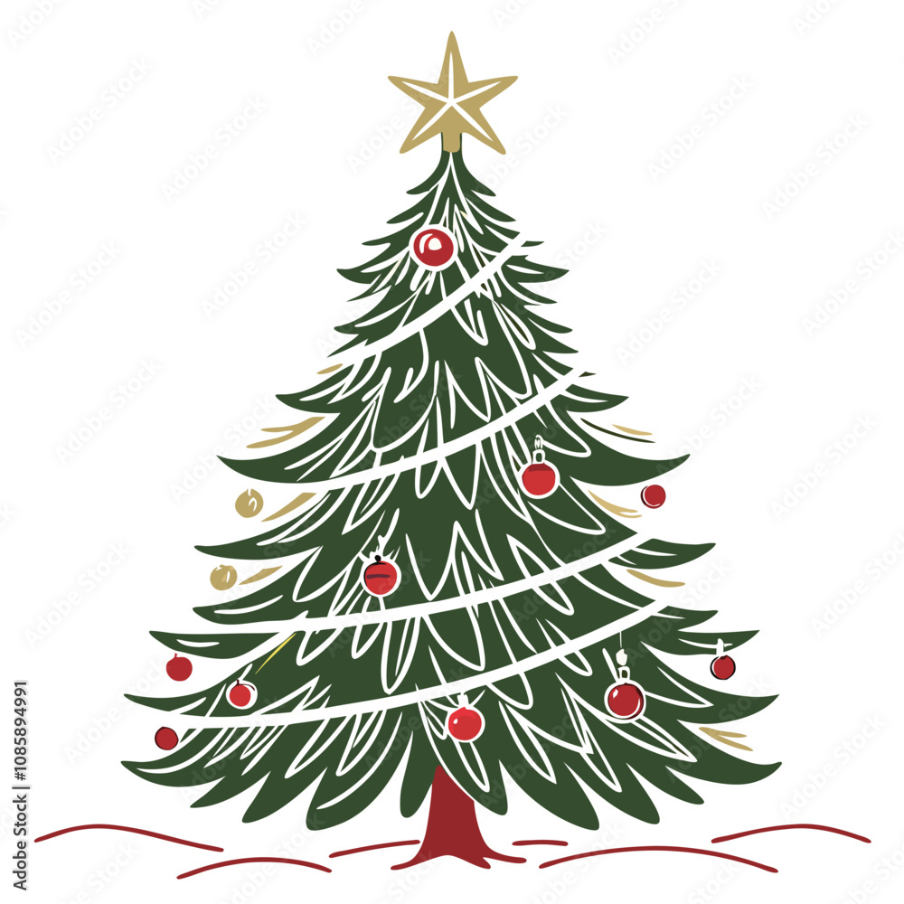 Obraz premium Beautiful Christmas Tree Vector Illustration with a Gold Star and Lights on a White Background – Perfect for Holiday Cards, Posters, and Seasonal Designs