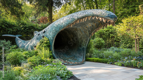 Garden entrance shaped like a whale offers whimsical passage amidst lush greenery and vibrant flowers in a serene park photo