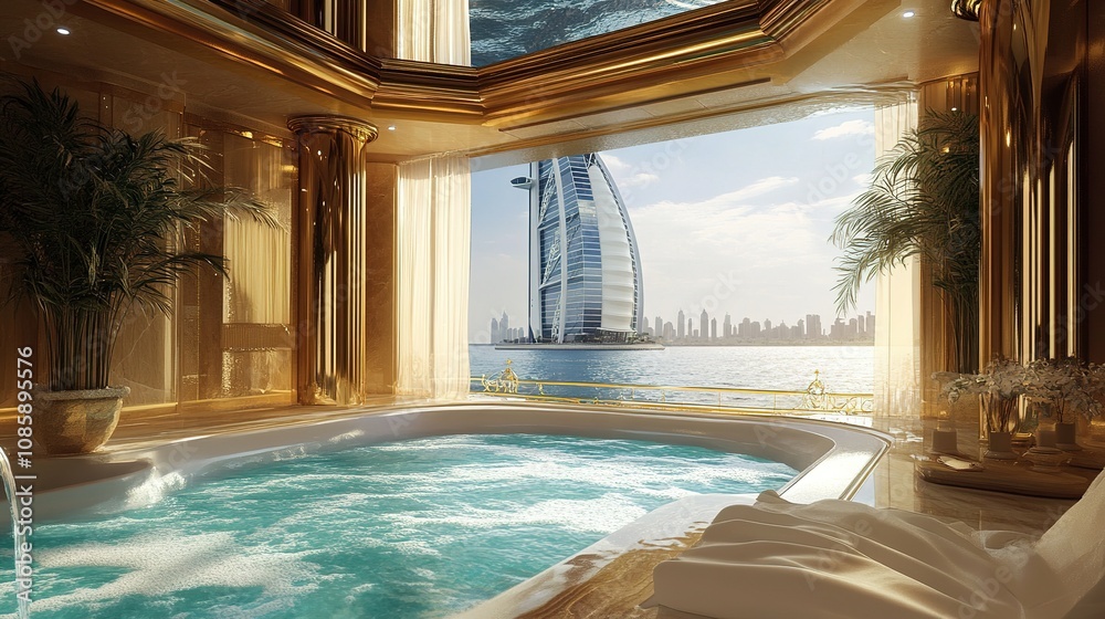 Fototapeta premium Luxurious spa retreat with scenic view of burj al arab dubai relaxation space oceanfront serene ambiance