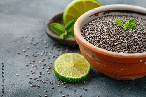 Chia seed and lime. A bowl of chia seeds garnished with mint leaves and lime slices on a textured surface, highlighting healthy ingredients and vibrant colors. photo