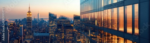Stunning skyline view at sunset with reflections.