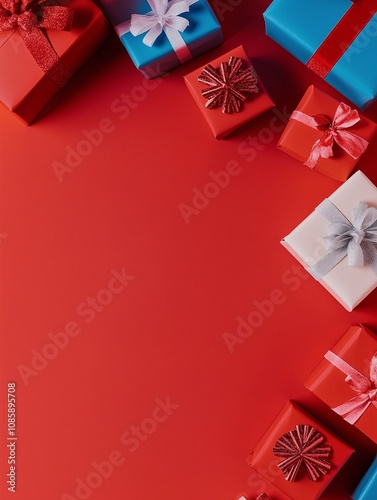 Flat lay christmas banner with gift box and ornament on red floor with copy space