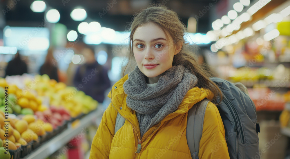 Young woman is shopping in the supermarket, wearing casual and carrying backpacks on her back, with blurred shelves of fruits behind her. Young woman is shopping in the supermarket, wearing casual and carrying backpacks on her back, with blurred shelves of fruits behind her.