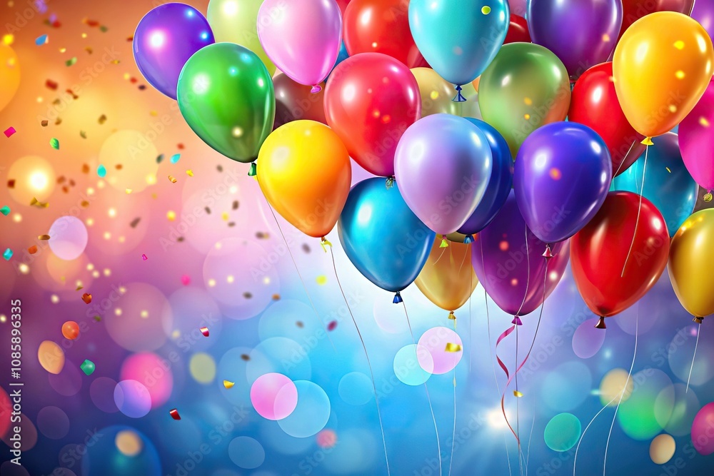 Colorful balloons floating against gradient background with confetti Colorful balloons floating against gradient background with confetti