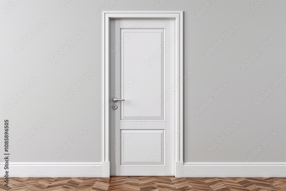 Doors for modern interior. Closed wooden door, metallic handle in the empty room. Copy space. Panel door, gray wall, white baseboard and wood floor. Element of apartment design. Swing interior door. Doors for modern interior. Closed wooden door, metallic handle in the empty room. Copy space. Panel door, gray wall, white baseboard and wood floor. Element of apartment design. Swing interior door.