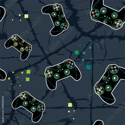 Abstract seamless pattern with gamepads illustration on digital background, thunder lines wall. Energy wall and game pad print for boy textile, clothes, wrapping paper. Joystick ornament