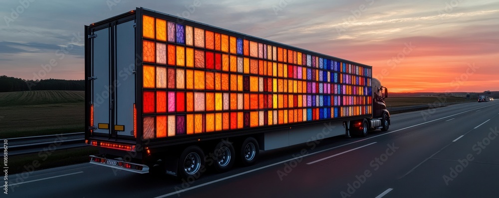 Fototapeta premium Vibrant truck illuminated on highway at sunset