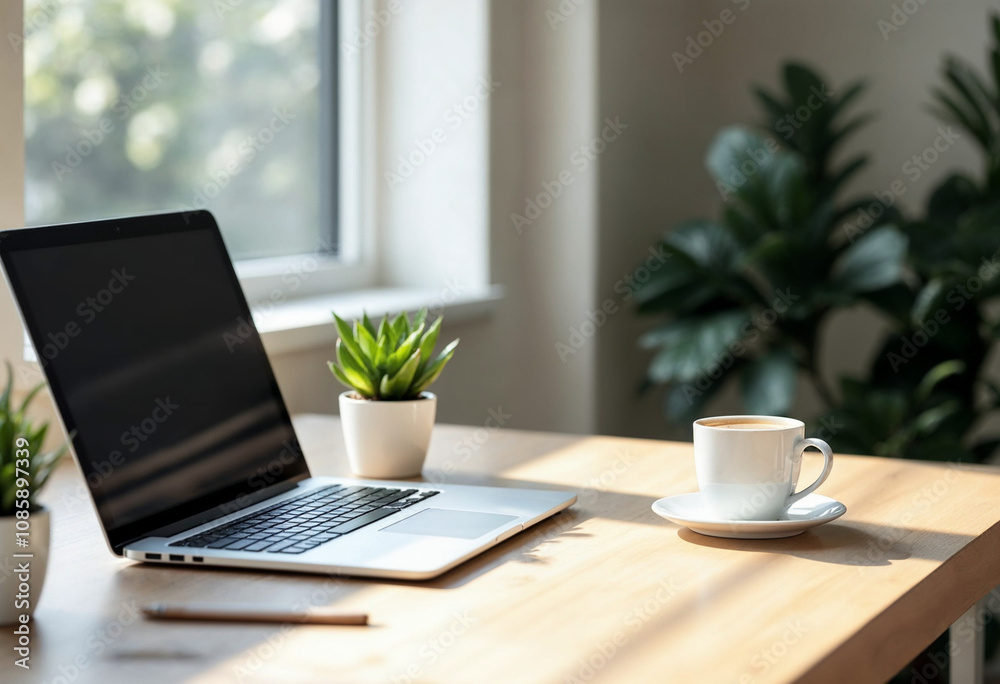 Fototapeta premium Minimalist workspace with sunlight bright laptop and plant aesthetics.
