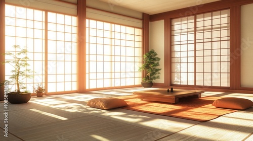 Japanese Room Interior with Sunlight