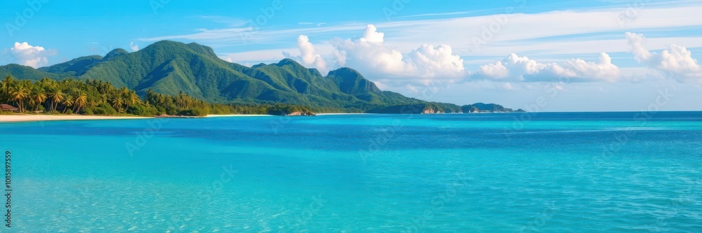 Sandy tropical beach with lush green island in background, getaway, beach Sandy tropical beach with lush green island in background, getaway, beach