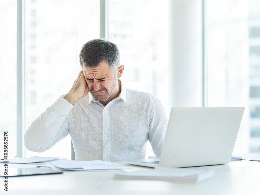 Stressed worker dealing with office challenges. Stressed worker dealing with office challenges.